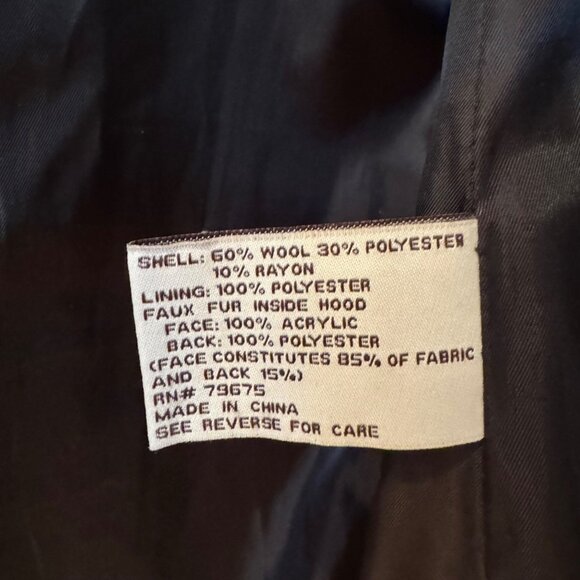 Anne Klein Black Pea Coat Leopard Print Faux Fur Hood Size Medium Winter Wool - Picture 4 of 7